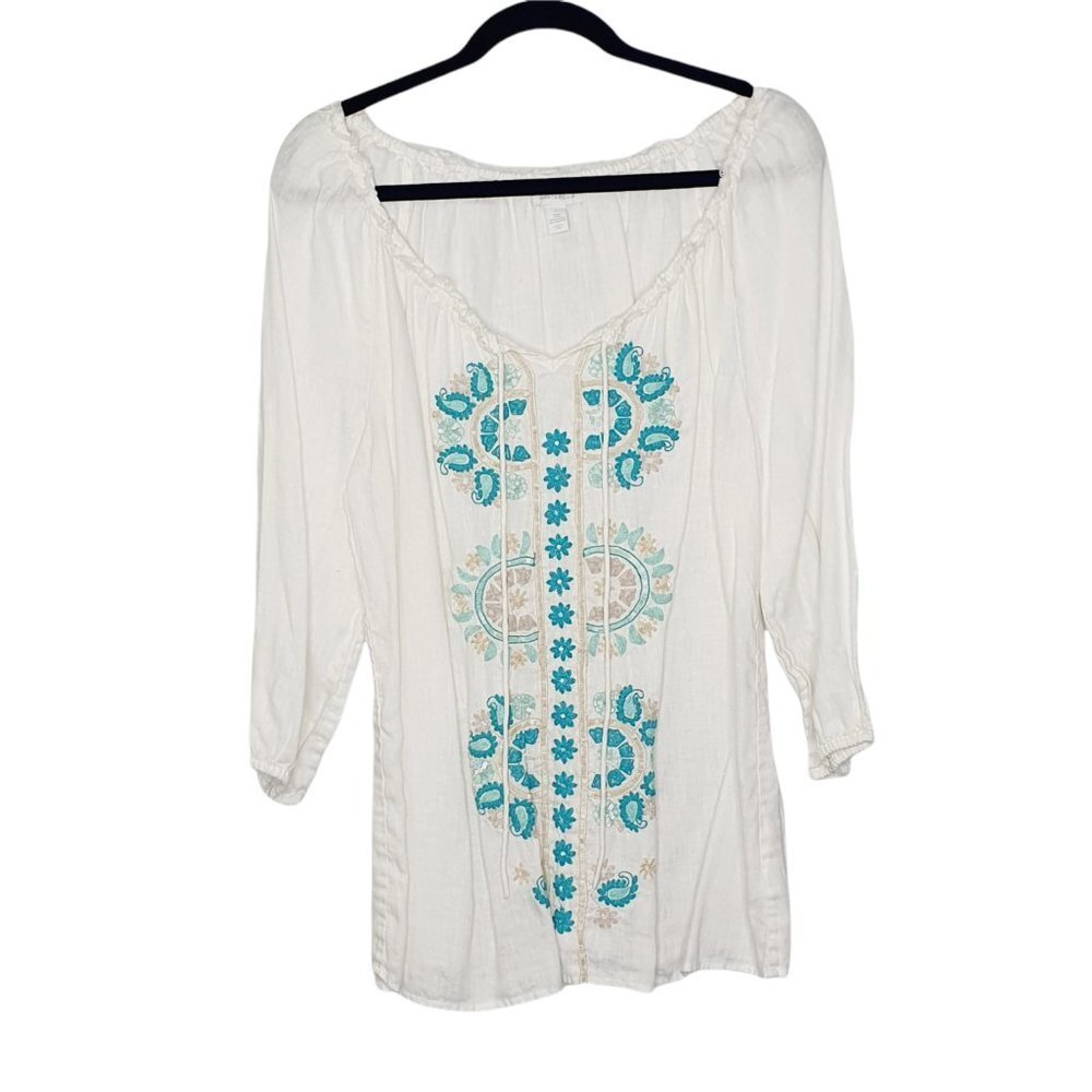 Charter Club Boho Blouse with teal Embroidery